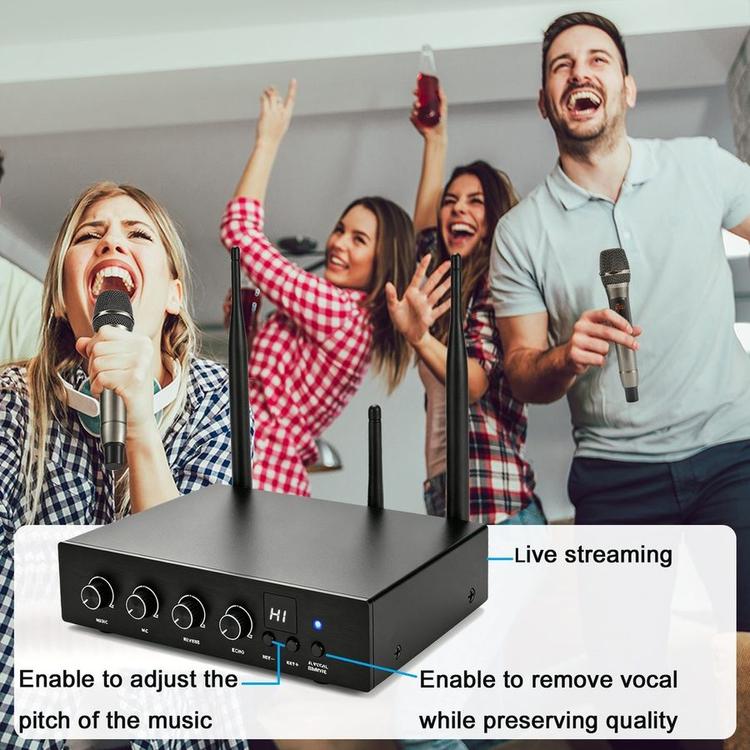 Wireless Microphone Karaoke Mixer System Machine-Aik688, AI Vocal Remover, Pitch Shifter 12 Levels, DSP Reverb and Echo, Feedback Suppression, HDTV with Mic, Support BT Devices or 3.5mm HDTV in/RCA Out